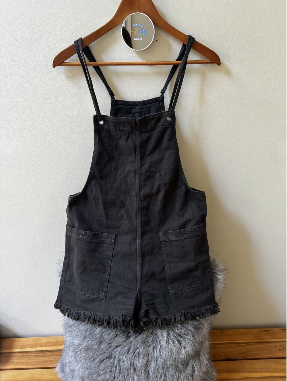 Aerie Washed Black Denim Shortalls Double Strap Frayed Hem Size Small